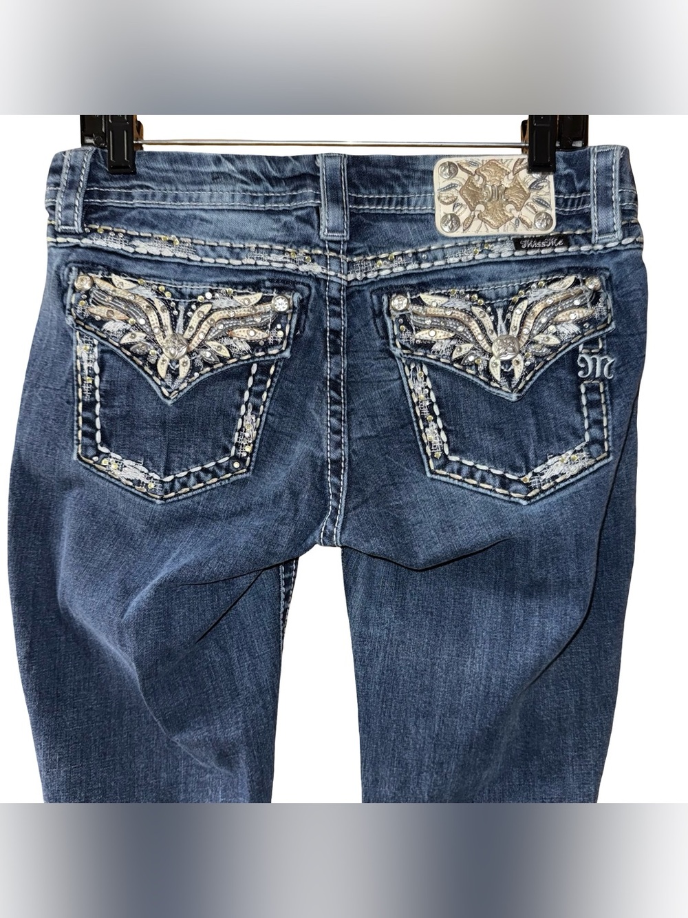 Miss Me Mid Rise Easy Boot Dark Embellished Back Pockets Jeans Wings women’s 28 - Picture 2 of 16